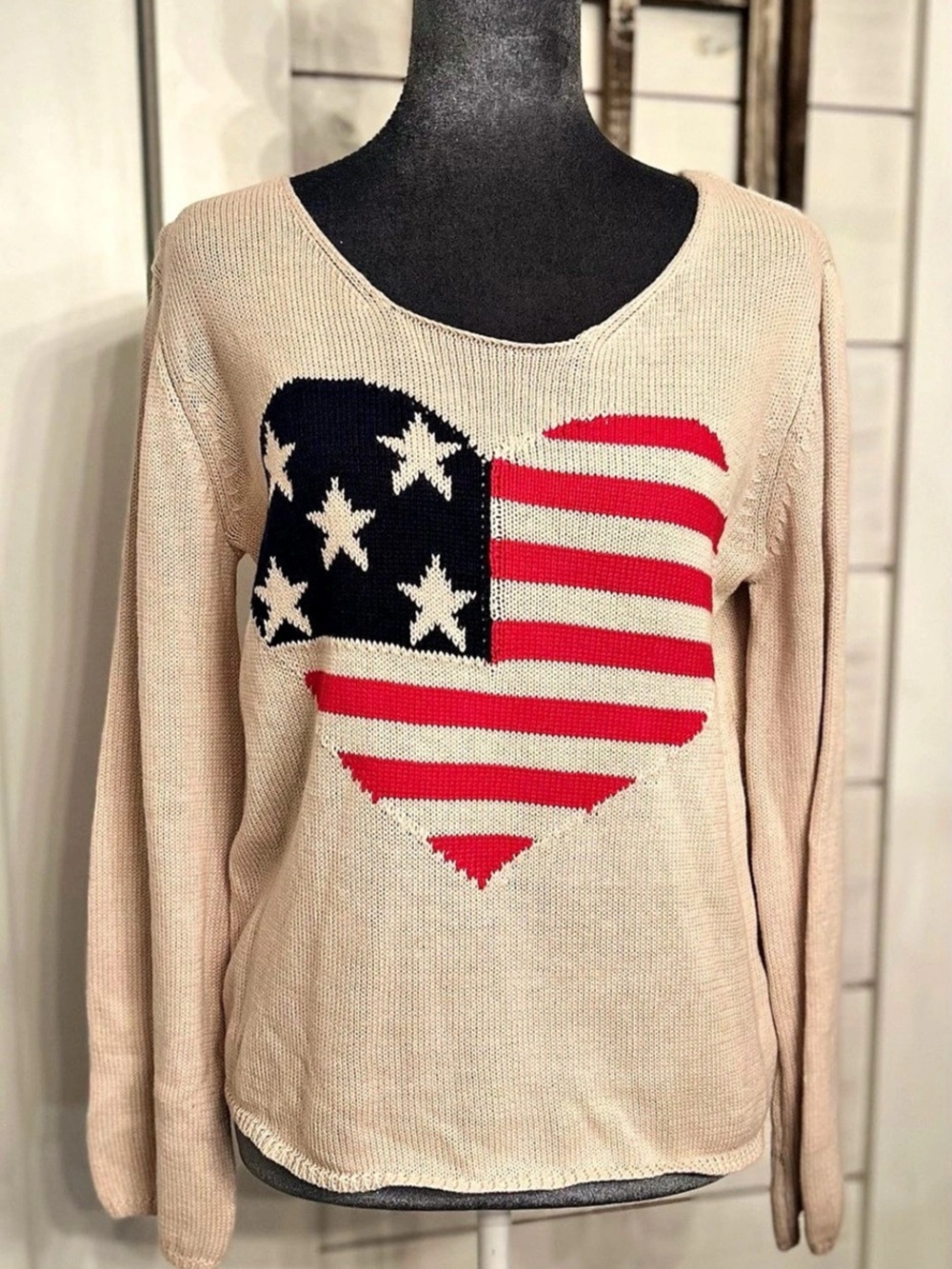 American Flag Heart Crew Sweater Beige
